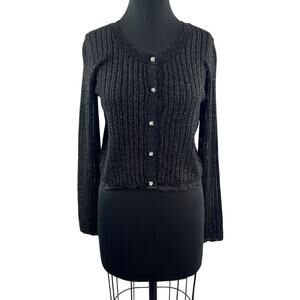 TAYLOR Black Silver Cardigan Sweater Ribbon Knit Pearl Floral Button Med M NEW